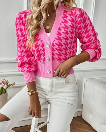 Houndstooth V - Neck Button Up Cardigan - Trendsi