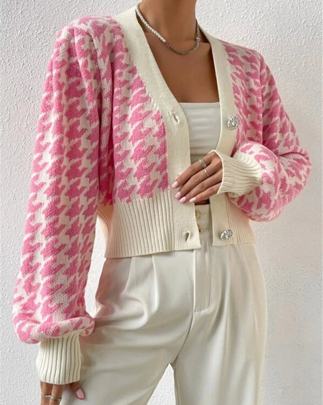 Houndstooth V - Neck Button Up Cardigan - Trendsi