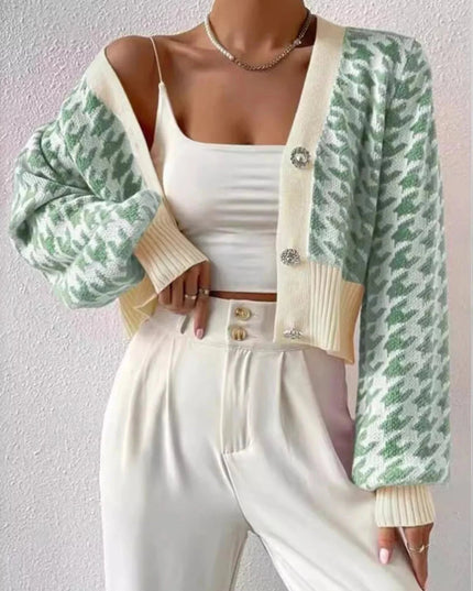 Houndstooth V - Neck Button Up Cardigan - Trendsi