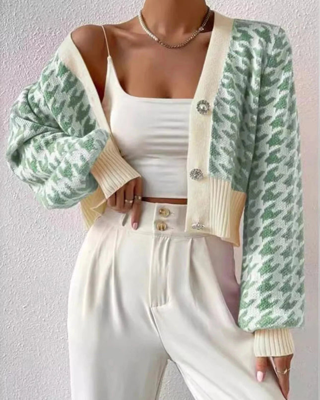 Houndstooth V - Neck Button Up Cardigan - Trendsi