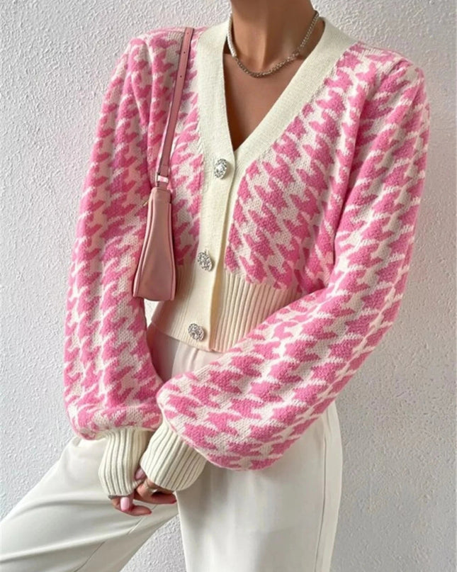Houndstooth V - Neck Button Up Cardigan - Trendsi