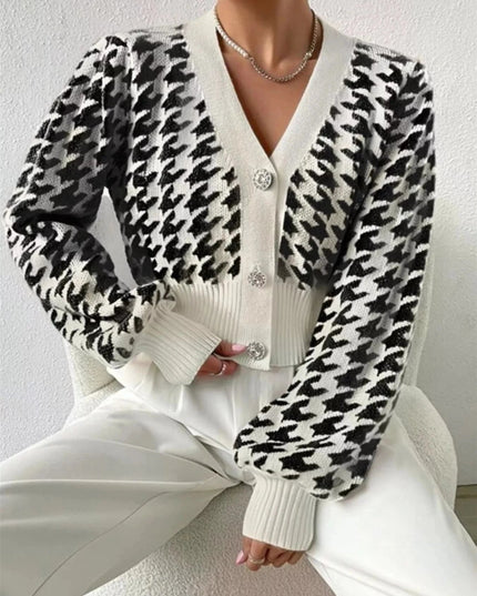 Houndstooth V - Neck Button Up Cardigan - Trendsi