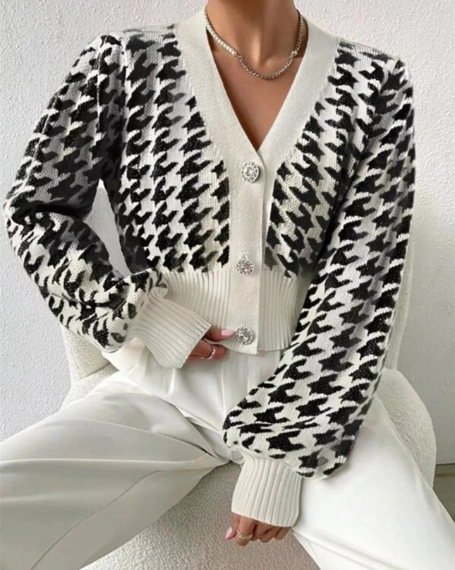 Houndstooth V - Neck Button Up Cardigan - Trendsi
