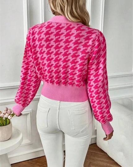 Houndstooth V - Neck Button Up Cardigan - Trendsi