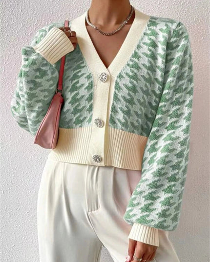 Houndstooth V - Neck Button Up Cardigan - Trendsi