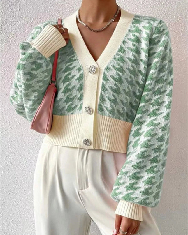 Houndstooth V - Neck Button Up Cardigan - Trendsi
