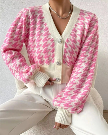 Houndstooth V - Neck Button Up Cardigan - Trendsi
