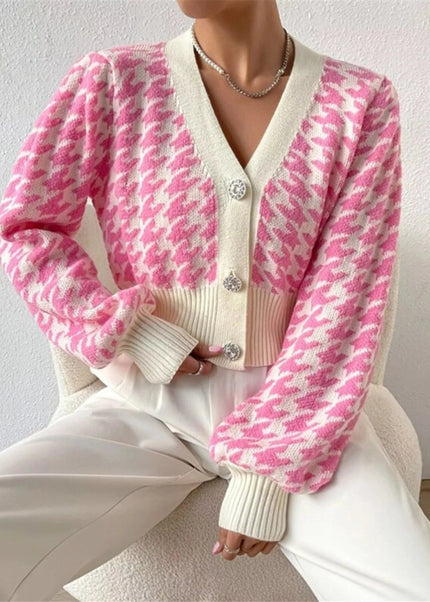 Houndstooth V - Neck Button Up Cardigan - Trendsi