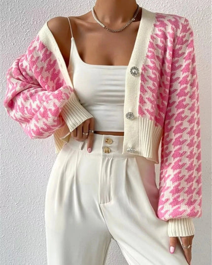 Houndstooth V - Neck Button Up Cardigan - Trendsi
