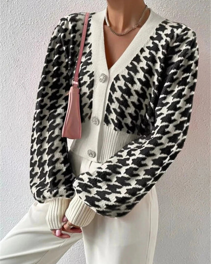 Houndstooth V - Neck Button Up Cardigan - Trendsi