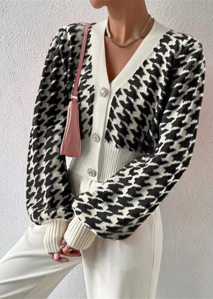 Houndstooth V - Neck Button Up Cardigan - Trendsi