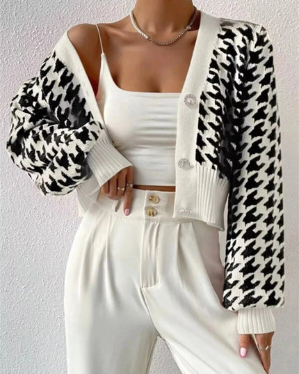 Houndstooth V - Neck Button Up Cardigan - Trendsi