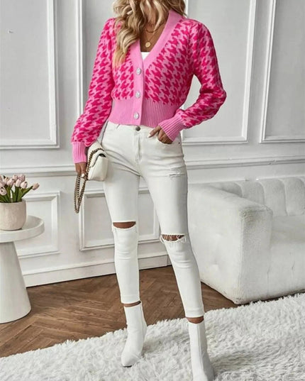 Houndstooth V - Neck Button Up Cardigan - Trendsi
