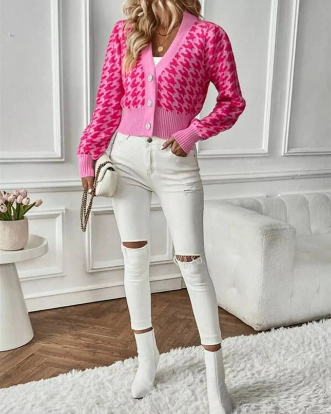 Houndstooth V - Neck Button Up Cardigan - Trendsi