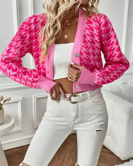 Houndstooth V - Neck Button Up Cardigan - Trendsi