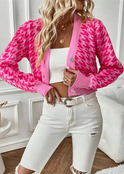 Houndstooth V - Neck Button Up Cardigan - Trendsi