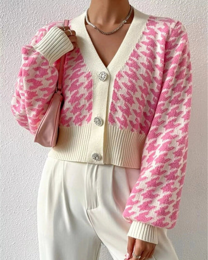 Houndstooth V - Neck Button Up Cardigan - Trendsi