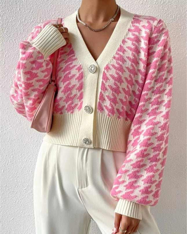 Houndstooth V - Neck Button Up Cardigan - Trendsi