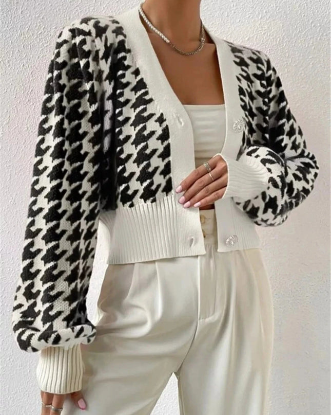 Houndstooth V - Neck Button Up Cardigan - Trendsi