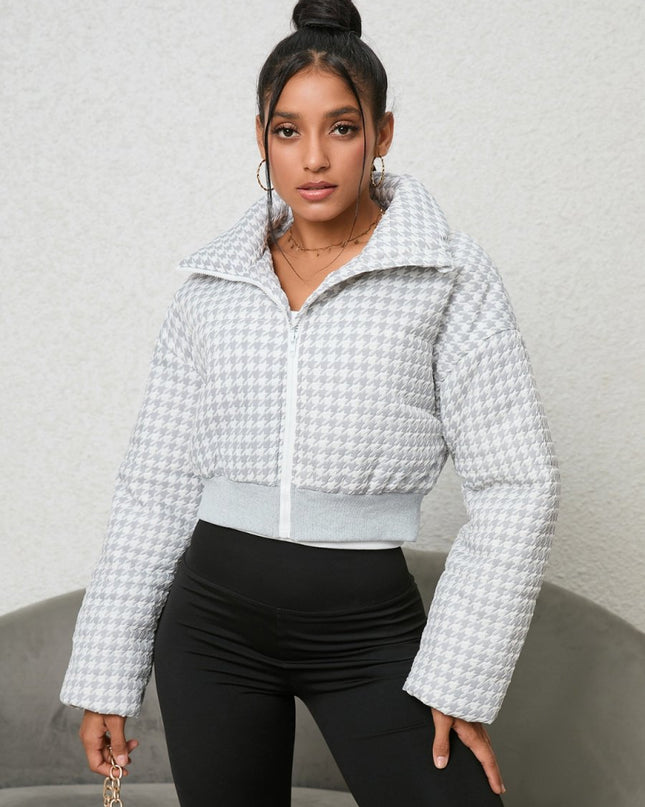 Houndstooth Zip - Up Jacket - Trendsi