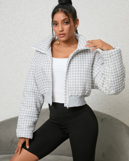 Houndstooth Zip - Up Jacket - Trendsi