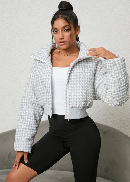 Houndstooth Zip - Up Jacket - Trendsi