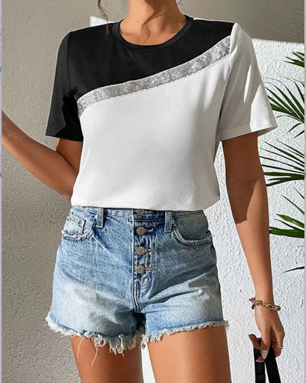 Ivy Lane Contrast Color Round Neck Short Sleeve Tee - Trendsi