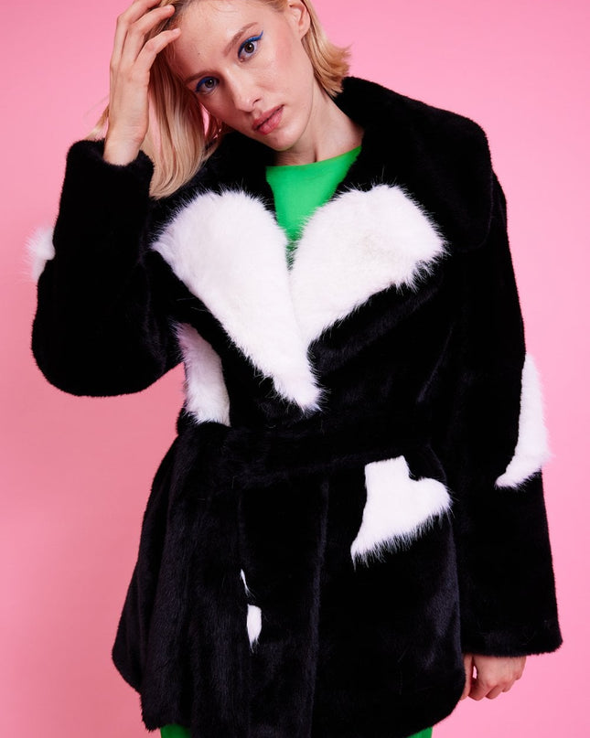 Black Eco Bamboo Faux Fur Coat with Heart Detailing - Women's Midi Cozy Winter Jacket