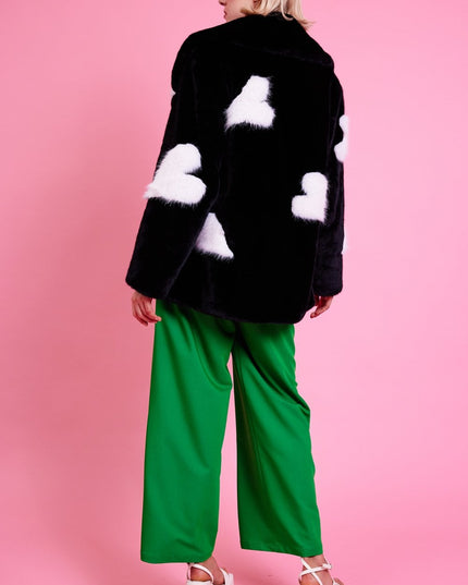 Black Eco Bamboo Faux Fur Coat with Heart Detailing - Women's Midi Cozy Winter Jacket