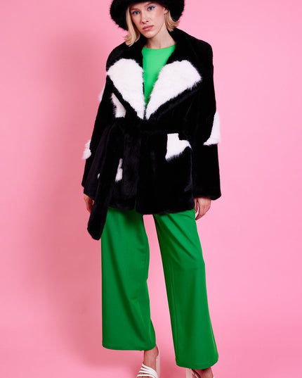 Black Eco Bamboo Faux Fur Coat with Heart Detailing - Women's Midi Cozy Winter Jacket