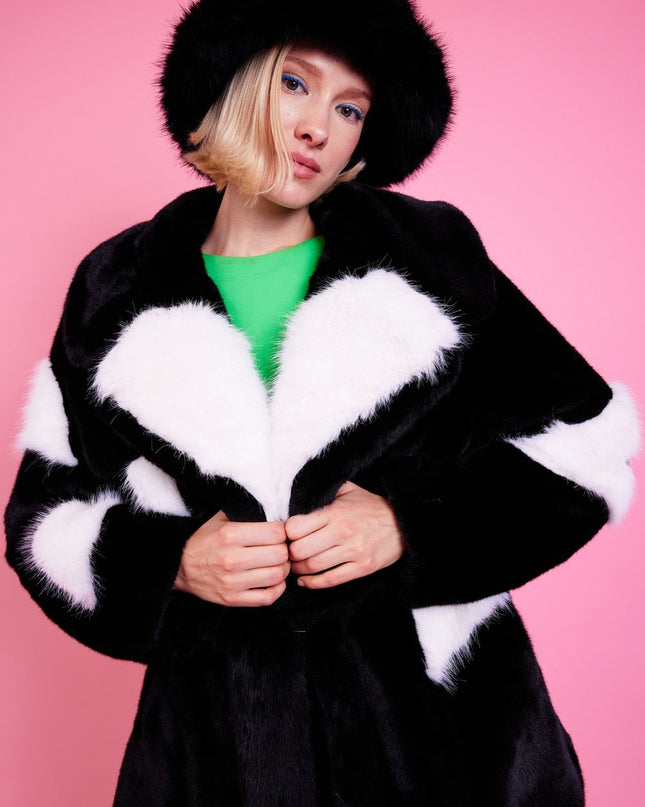 Black Eco Bamboo Faux Fur Coat with Heart Detailing - Women's Midi Cozy Winter Jacket