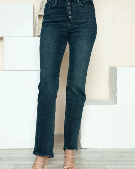 Judy Blue Full Size Button Fly Hem Destroy Straight Jeans - Trendsi