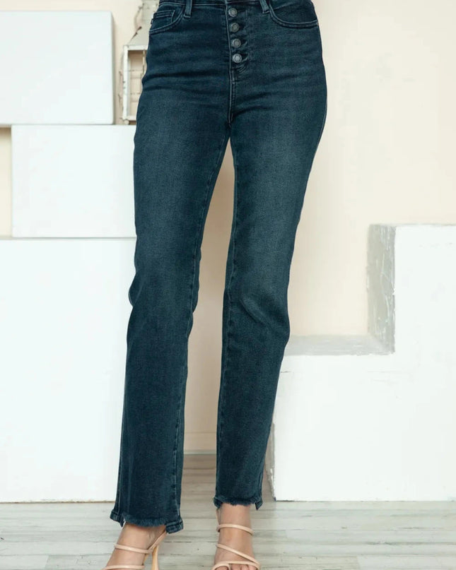 Judy Blue Full Size Button Fly Hem Destroy Straight Jeans - Trendsi