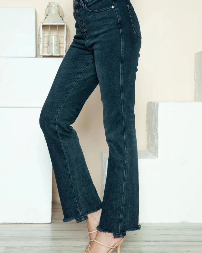 Judy Blue Full Size Button Fly Hem Destroy Straight Jeans - Trendsi