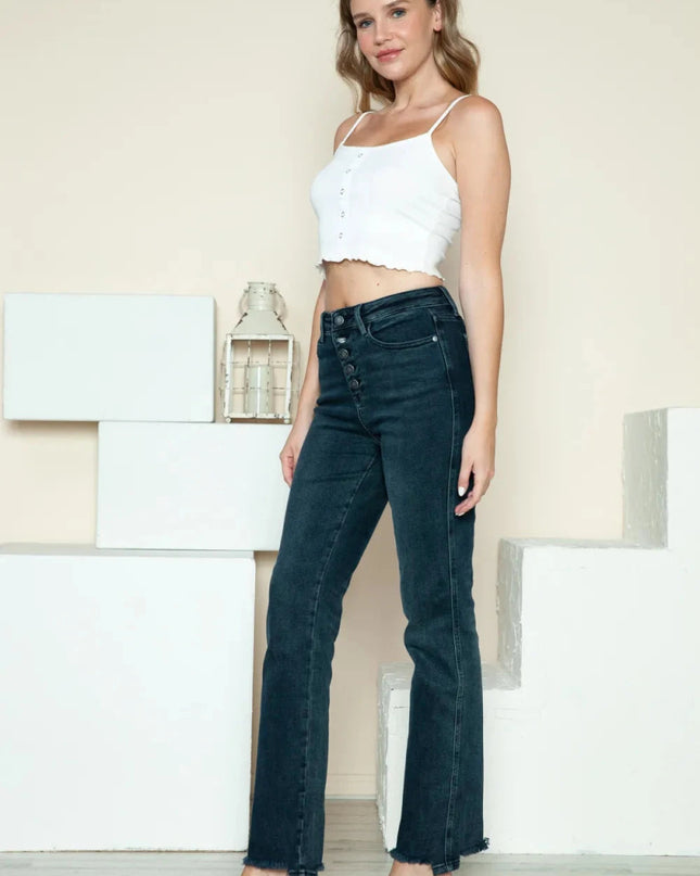 Judy Blue Full Size Button Fly Hem Destroy Straight Jeans - Trendsi