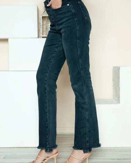 Judy Blue Full Size Button Fly Hem Destroy Straight Jeans - Trendsi