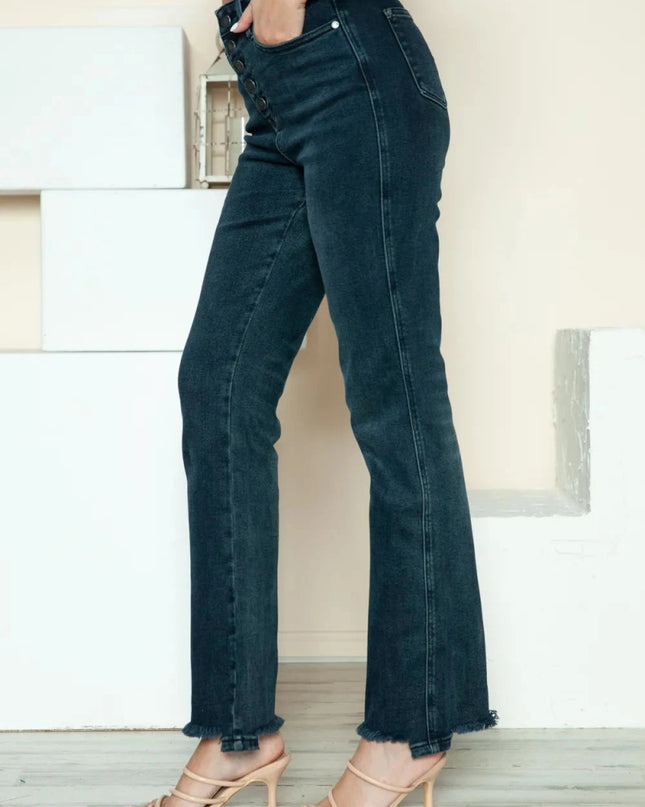 Judy Blue Full Size Button Fly Hem Destroy Straight Jeans - Trendsi