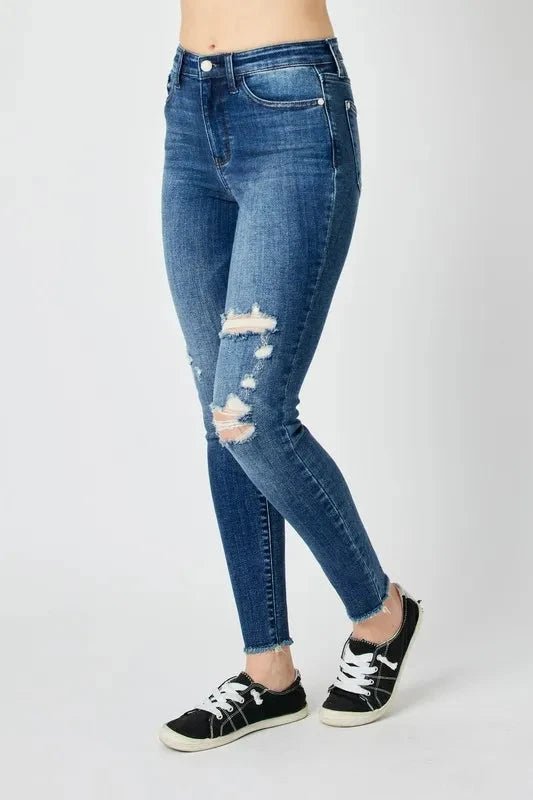 Judy Blue Full Size High Waist Distressed Skinny Jeans - Trendsi
