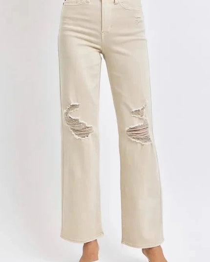 Judy Blue Full Size High Waist Distressed Wide Leg Jeans - Trendsi