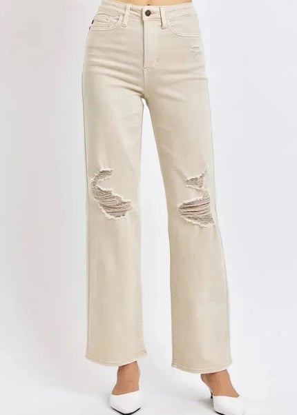 Judy Blue Full Size High Waist Distressed Wide Leg Jeans - Trendsi