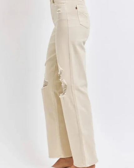 Judy Blue Full Size High Waist Distressed Wide Leg Jeans - Trendsi