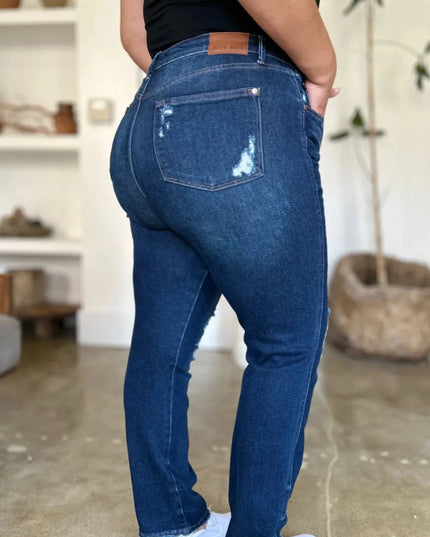 Judy Blue Full Size High Waist Rigid Magic Heavy Destroy Straight Jeans - Trendsi