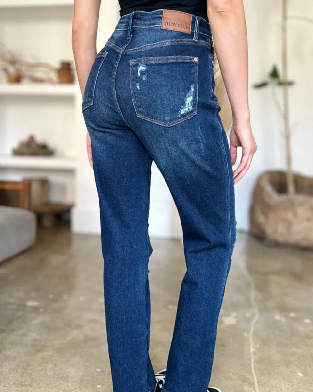 Judy Blue Full Size High Waist Rigid Magic Heavy Destroy Straight Jeans - Trendsi