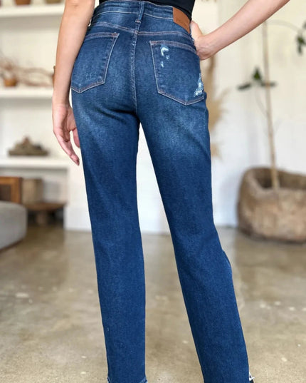 Judy Blue Full Size High Waist Rigid Magic Heavy Destroy Straight Jeans - Trendsi