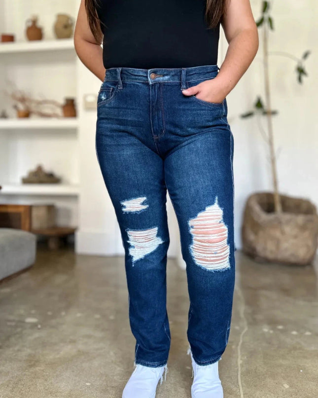 Judy Blue Full Size High Waist Rigid Magic Heavy Destroy Straight Jeans - Trendsi