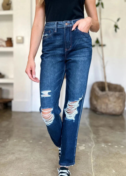 Judy Blue Full Size High Waist Rigid Magic Heavy Destroy Straight Jeans - Trendsi