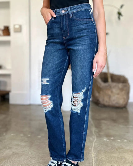 Judy Blue Full Size High Waist Rigid Magic Heavy Destroy Straight Jeans - Trendsi