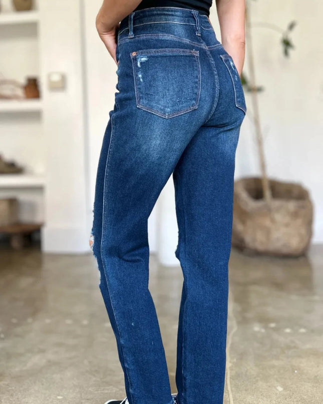 Judy Blue Full Size High Waist Rigid Magic Heavy Destroy Straight Jeans - Trendsi