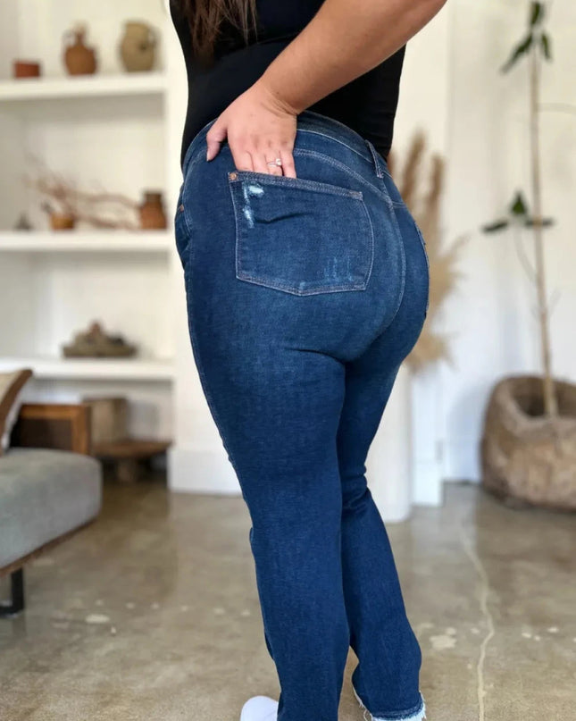 Judy Blue Full Size High Waist Rigid Magic Heavy Destroy Straight Jeans - Trendsi