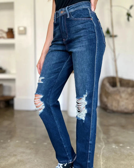 Judy Blue Full Size High Waist Rigid Magic Heavy Destroy Straight Jeans - Trendsi